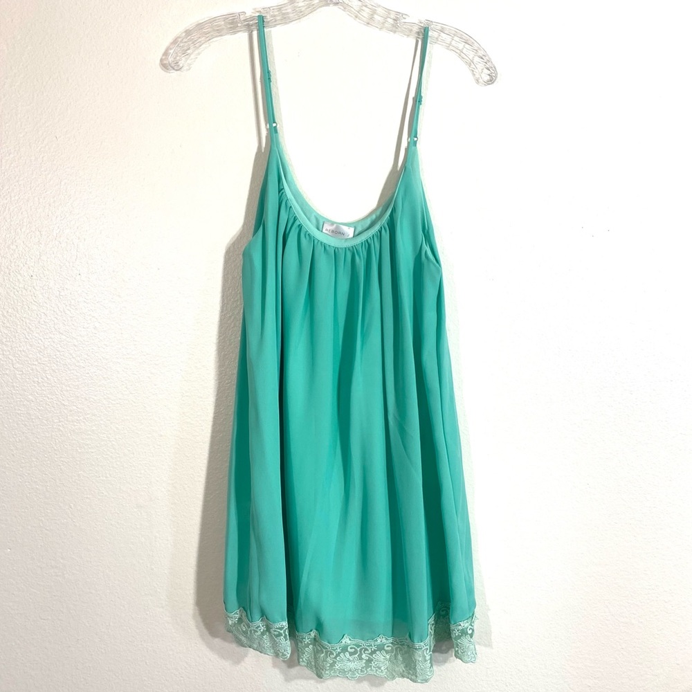 Aqua Mint sleeveless strappy scoop neck lace trim hem detail flowy tunic top. - Picture 8 of 16